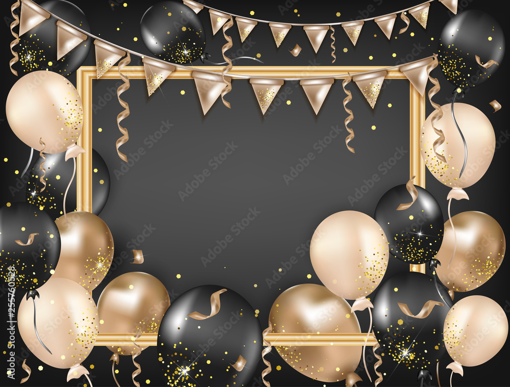 Golden frame with black balloons, confetti, serpentine, lights on the black  background and space for text. Banner for party, holidays, birthday and  wedding event.Vector illustrations. Stock Vector | Adobe Stock