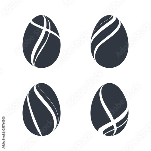 Easter egg icons. Black eggs set, isolated white background. Simple design, decoration Happy Easter. Holiday decorative elements collection. Cute pattern ornament. Spring symbol. Vector illustration