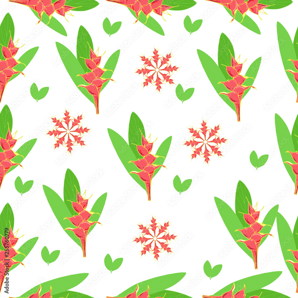 Fantasy seamless vector background. Tropical pattern with exotic flowers, jungle leaves: monstera plant leaf, strelitzia, bird of Paradise. Vintage Botanical delicate drawings in Hawaiian style-Vector Fantasy seamless vector background. Tropical pattern with exotic flowers, jungle leaves: monstera plant leaf, strelitzia, bird of Paradise. Vintage Botanical delicate drawings in Hawaiian style-Vector