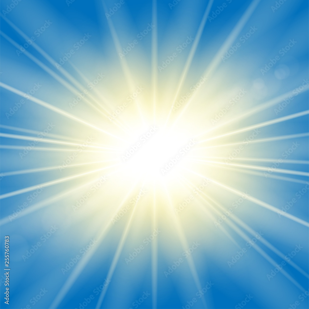 Sun rays. Starburst bright effect, isolated on blue background. Gold light star flash. Abstract shine beams. Vibrant magic sparkle explosion. Glowing burst, lens effect. Vector illustration Sun rays. Starburst bright effect, isolated on blue background. Gold light star flash. Abstract shine beams. Vibrant magic sparkle explosion. Glowing burst, lens effect. Vector illustration