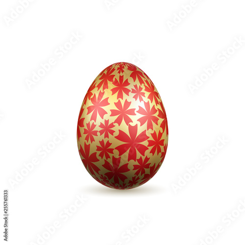 Easter egg 3D icon. Gold egg, isolated white background. Bright red flower design, golden realistic decoration Happy Easter celebration. Holiday element pattern. Spring symbol. Vector illustration