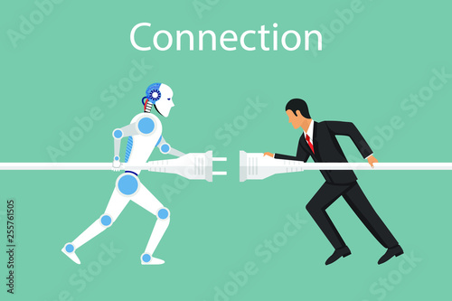 Business and robot connection. Future collaboration. Symbol of working togather. Partnership. Artificial intelligence and human connect plug to outlet. Vector illustration in flat design