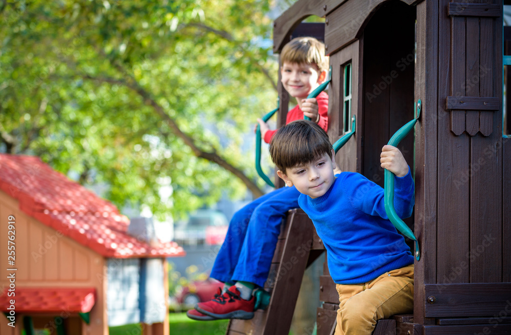 Two little boys playing together and having fun. Lifestyle family moment of siblings on playground. Kids friends play on tree house climbing on rope or stairs Two little boys playing together and having fun. Lifestyle family moment of siblings on playground. Kids friends play on tree house climbing on rope or stairs
