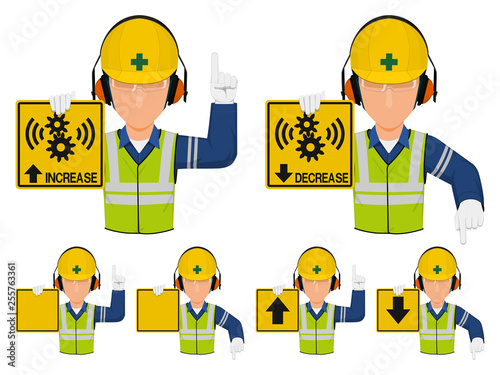 Set of industrial worker with hearing protective equipment is gesturing hand sign ( increase,decrease)