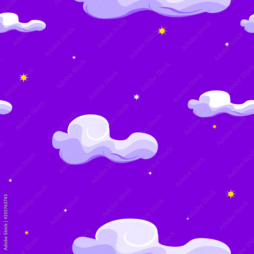 Cute clouds and night sky with stars seamless pattern. Vector hand drawn illustration. Texture for printing, wrapping, wallpaper, fabric, and textile. 