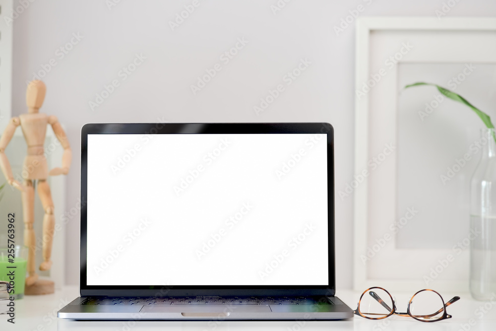 Stylish workplace mock up blank screen laptop Stylish workplace mock up blank screen laptop