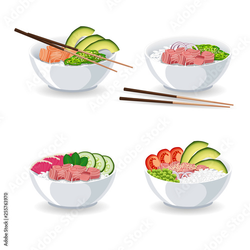 Set of illustrations with different types of Poke bowl isolated on white background
