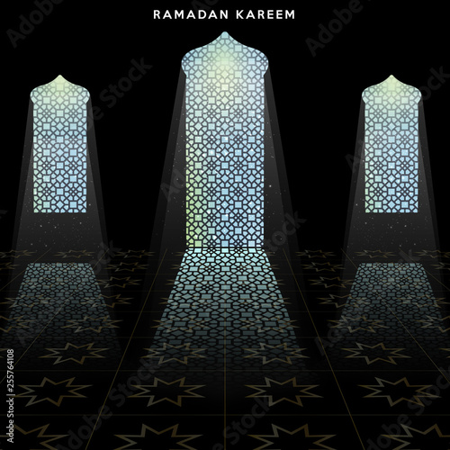 Islamic design mosque door for greeting background Ramadan Kareem. Ramadan Kareem background greeting card template. Vector illustration.