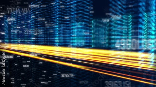 a digital smart city with information and data.Buildings filled with high-tech dots.There is a information super highway.Use it in project about business in a technology situation.