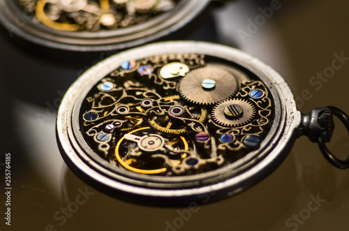 mechanism with gears. clockwork skeleton. Elegant vintage handmade pocket watches with exclusive carvings and engravings. jewelry.