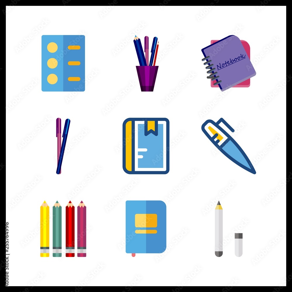 9 pencil icon. Vector illustration pencil set. notebook and pencils icons for pencil works