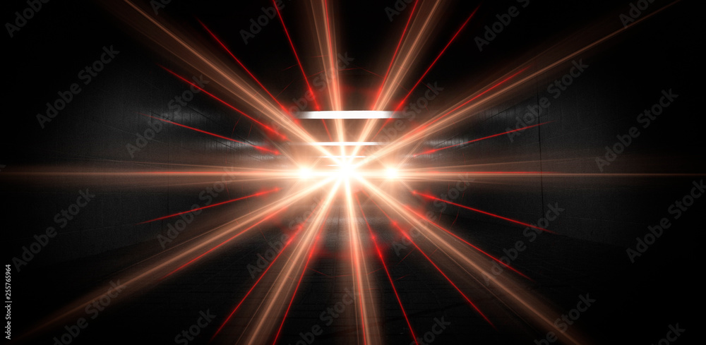 Obraz premium Background wall with neon lines and rays. Background of an empty dark corridor, parking, airport with neon light. Abstract background with lines and glow. Wet asphalt, the reflection of neon lights in