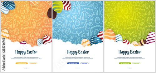 Set of Happy Easter banners. Easter Eggs. Doodle hand draw background. Vector illustration.