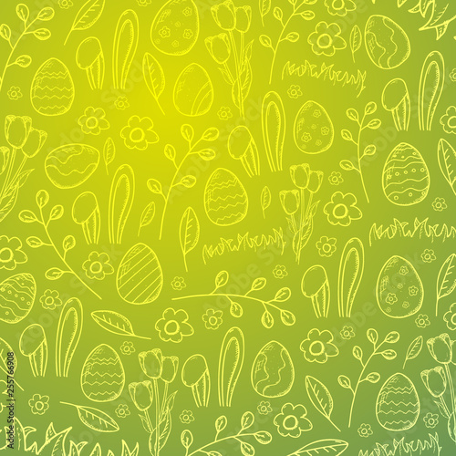 Happy Easter banner. Easter Eggs. Doodle hand draw background. Vector illustration.
