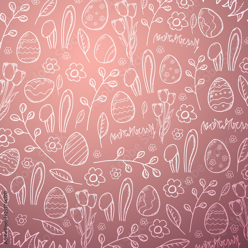 Happy Easter banner. Easter Eggs. Doodle hand draw background. Vector illustration.