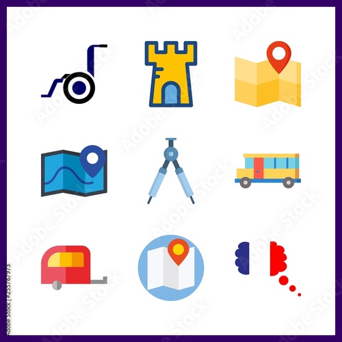 9 tour icon. Vector illustration tour set. buggy and compass icons for tour works