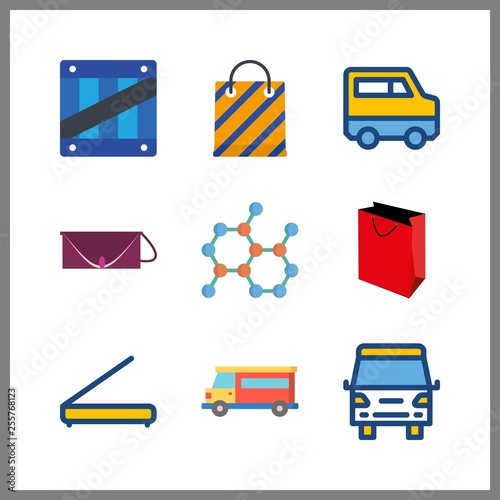 9 package icon. Vector illustration package set. van and shopping bag icons for package works