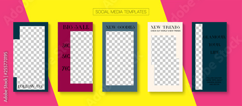Editable Stories Minimal Vector Layout. Social Media Like and Share, Trends, Sale -50 Photo Frames Kit. Sale Insta Stories Layout