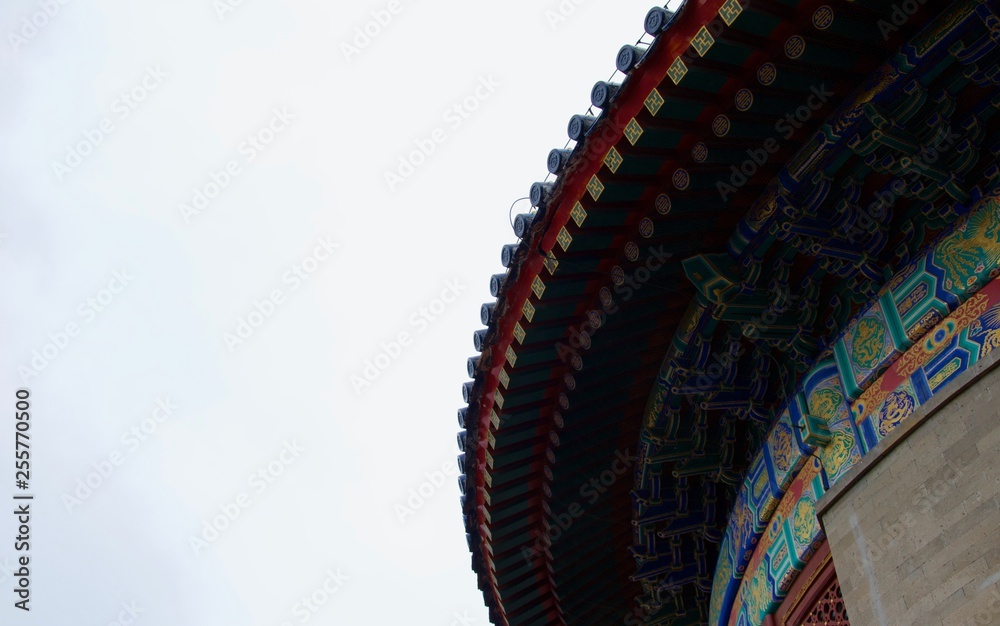 Detail of ornate painted roof of Chinese temple