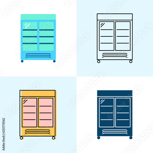 Merchandising refrigerator icon set in flat and line styles