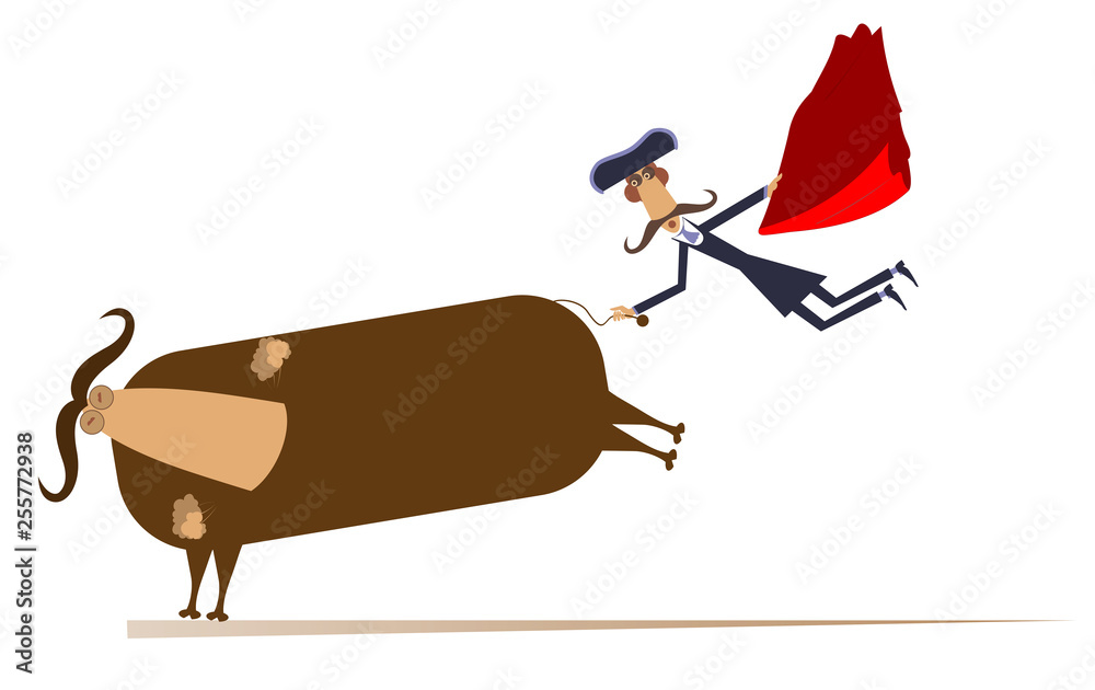 Cartoon bullfighter and a bull isolated illustration. Cartoon long ...