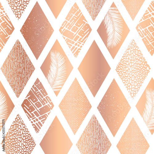 Copper foil collage rhombus shapes seamless vector pattern. Contemporary rose golden abstract background geometric textured shapes. Rhombus shapes with tropical palm leaf, animal skin textures. 