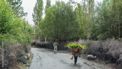Tibetan people walking on rural road