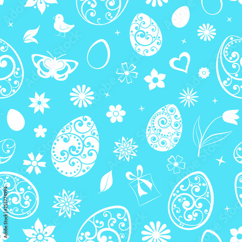 Seamless pattern of eggs, flowers, gift box, chicken and other Easter symbols, white on light blue