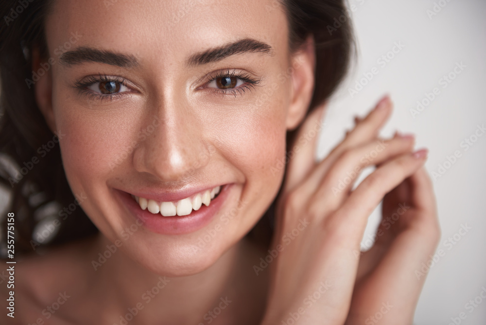 Close up portrait happy pretty brunette woman Close up portrait happy pretty brunette woman
