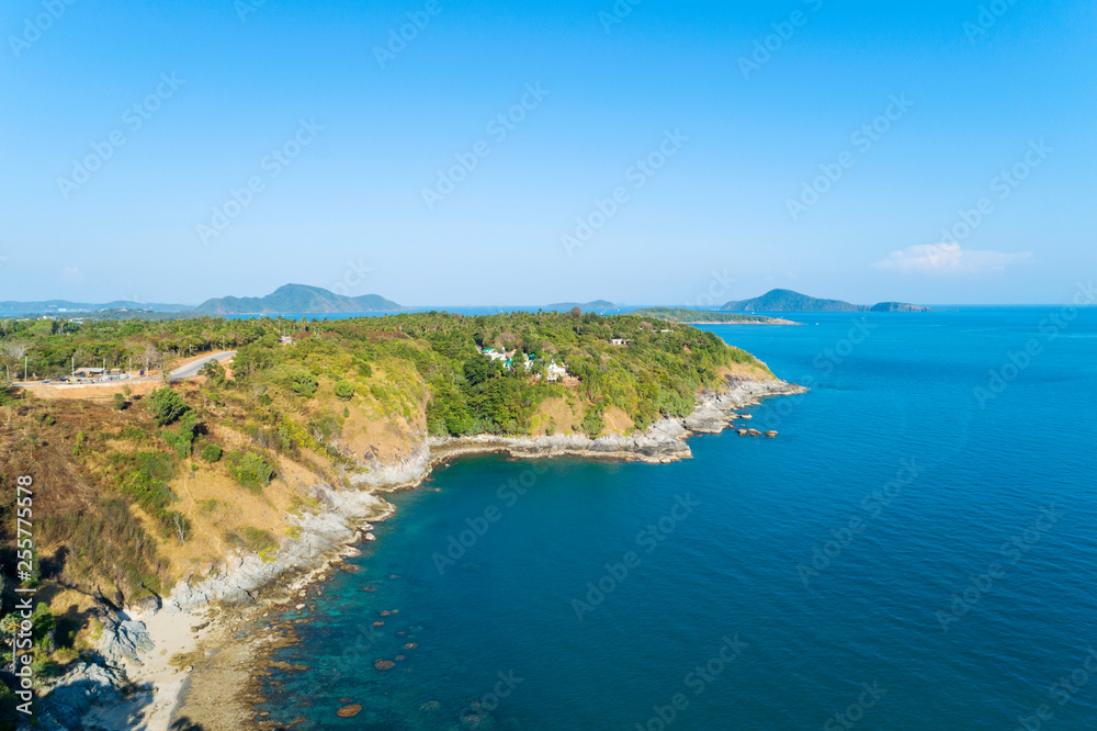 landscape nature scenery view of Beautiful tropical sea with Sea coast view in summer season image by Aerial view drone shot, high angle view