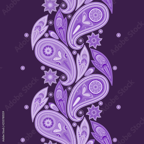 Lace vertical seamless pattern with paisley. Vector print. Monochrome  background. Use for embroidery, braid, tape, ribbon. 