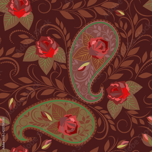 Seamless colorful ethnic pattern with paisley and roses . Vector background. Use for pattern fills, textile design, wallpaper.