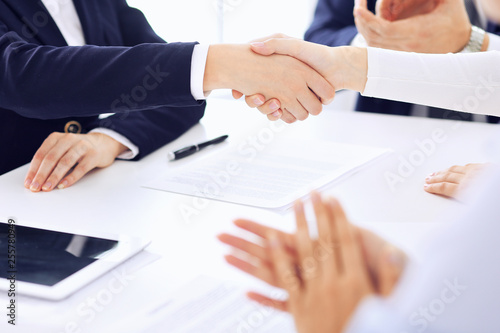 Fototapeta Naklejka Na Ścianę i Meble -  Group of business people or lawyers shaking hands finishing up a meeting , close-up. Success at negotiation and handshake concepts