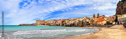Sicily island - beautiful coastal Cefalu town. Panoramic view of the beach. south of Italy