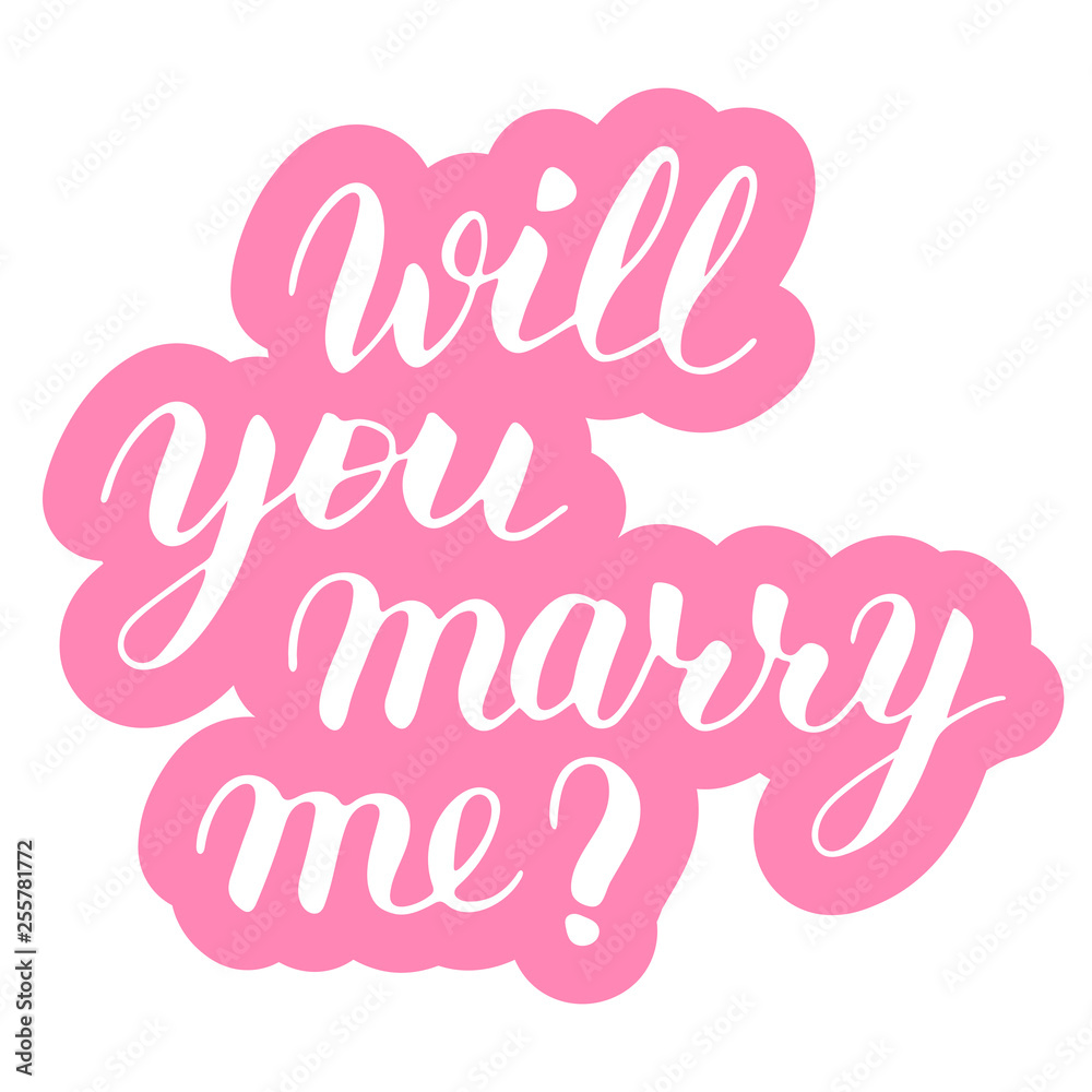 Will you marry me phrase to propose and pop the question, hand-written lettering, script calligraphy, pink sign proposal isolated with outline, vector art for postcard