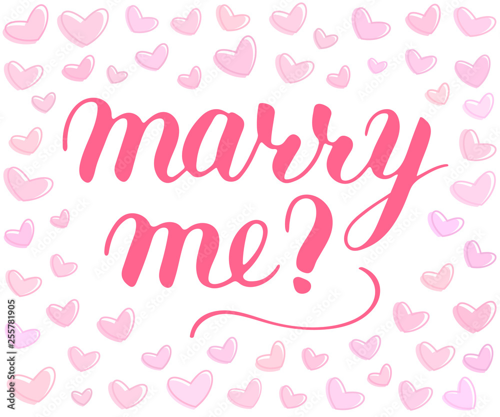 Will you marry me hand drawn vector lettering, isolated pink phrase to propose and pop the question, script calligraphy with hearts background, sign proposal isolated, vector art for postcard