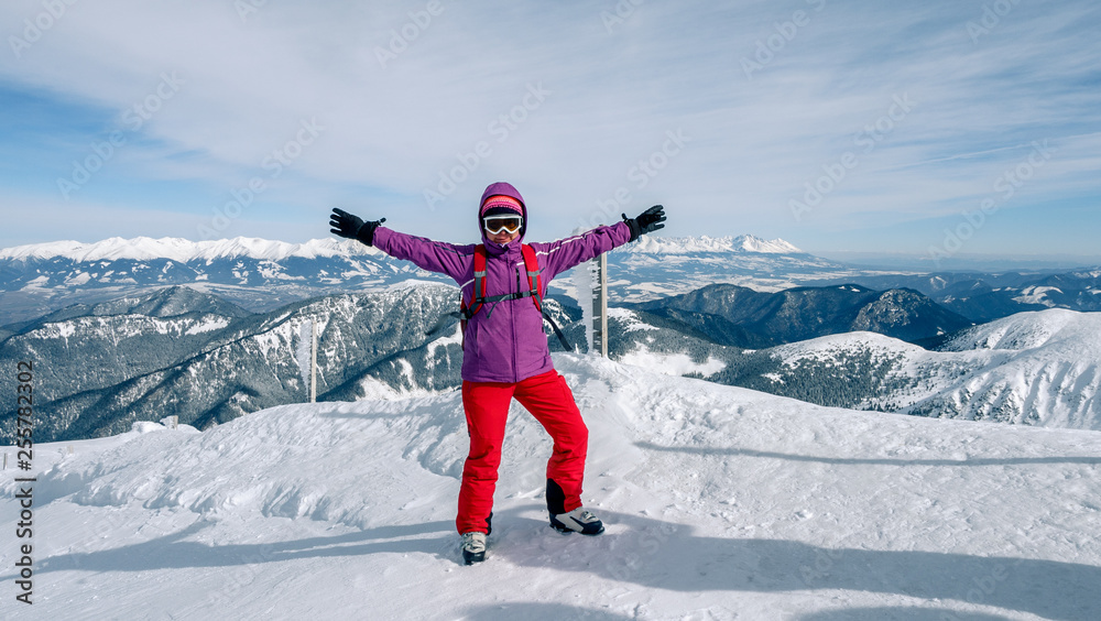Women skier finding the best track. Skier looking down to the valley. Waiting for right moment. Best choice. Chopok, Low Tatras, Slovakia. Women skier finding the best track. Skier looking down to the valley. Waiting for right moment. Best choice. Chopok, Low Tatras, Slovakia.