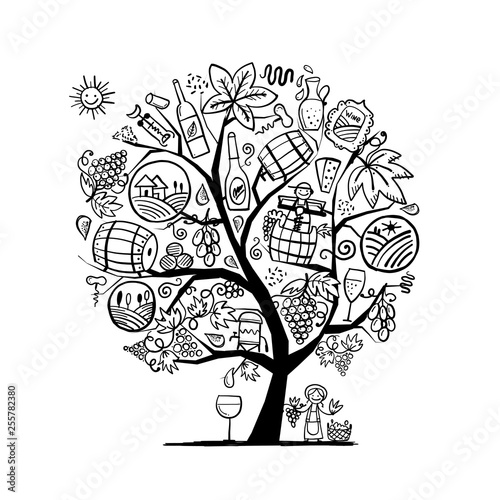 Winery concept, art tree design for coloring