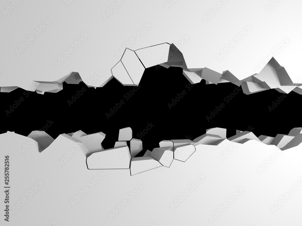 Fototapeta premium Dark destruction cracked hole in white stone wall