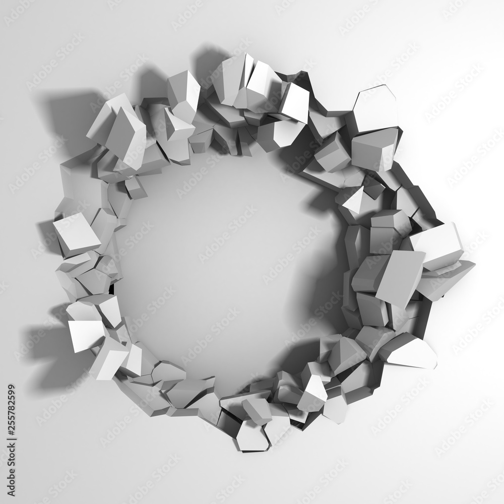 Obraz premium Dark destruction cracked hole in white stone wall