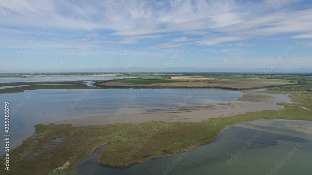 Aerial view of the lagoon in front of Marano Lagunare, Italy.