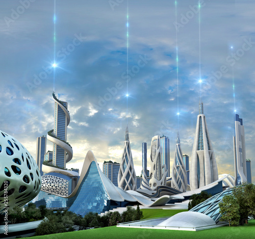 Futuristic city powered by an exotic energy source photo