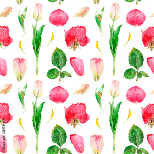 watercolor drawing flowers in a cut  rose and tulip  seamless pattern