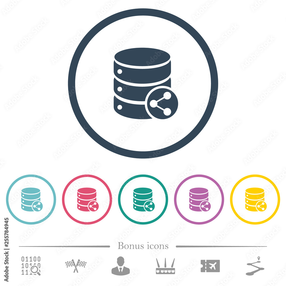 Database table relations flat color icons in round outlines