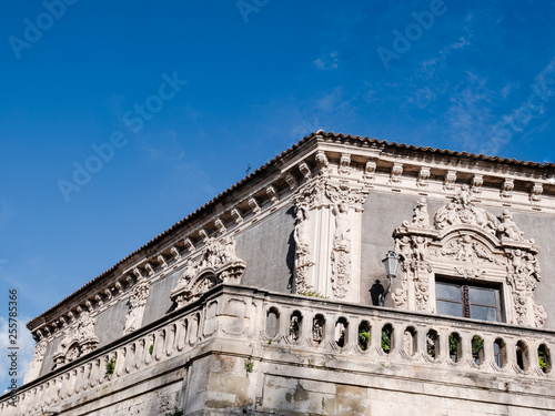 Close up of details of baroque palaces with the blue sky background
