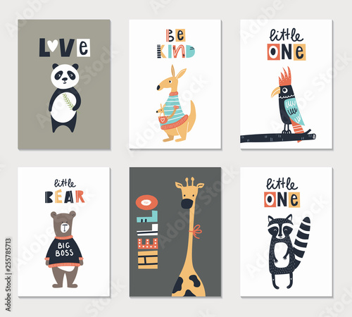 Collection of children cards with cute animals and lettering. Perfect for nursery posters. Vector illustration.