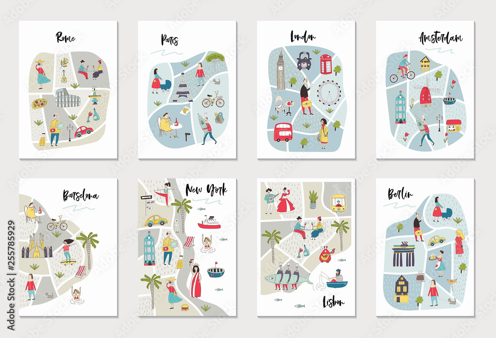 Big set of illustrated maps of of European cities with cute and fun hand drawn characters, plants and elements.