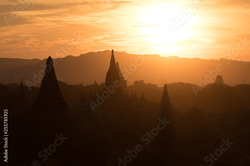 View of ancient temples in foggy morning  sunrise in Bagan  Myanmar  Burma 