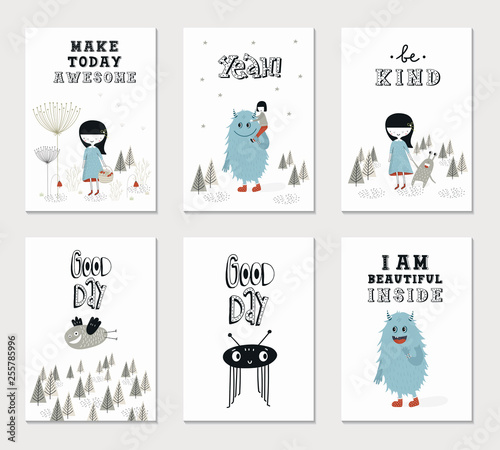 Collection of children cards with cute monsters and lettering. Perfect for nursery posters. Vector illustration.