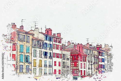 Watercolor sketch or an illustration of a beautiful view of the colorful houses in Bayonne in France. Traditional European architecture photo